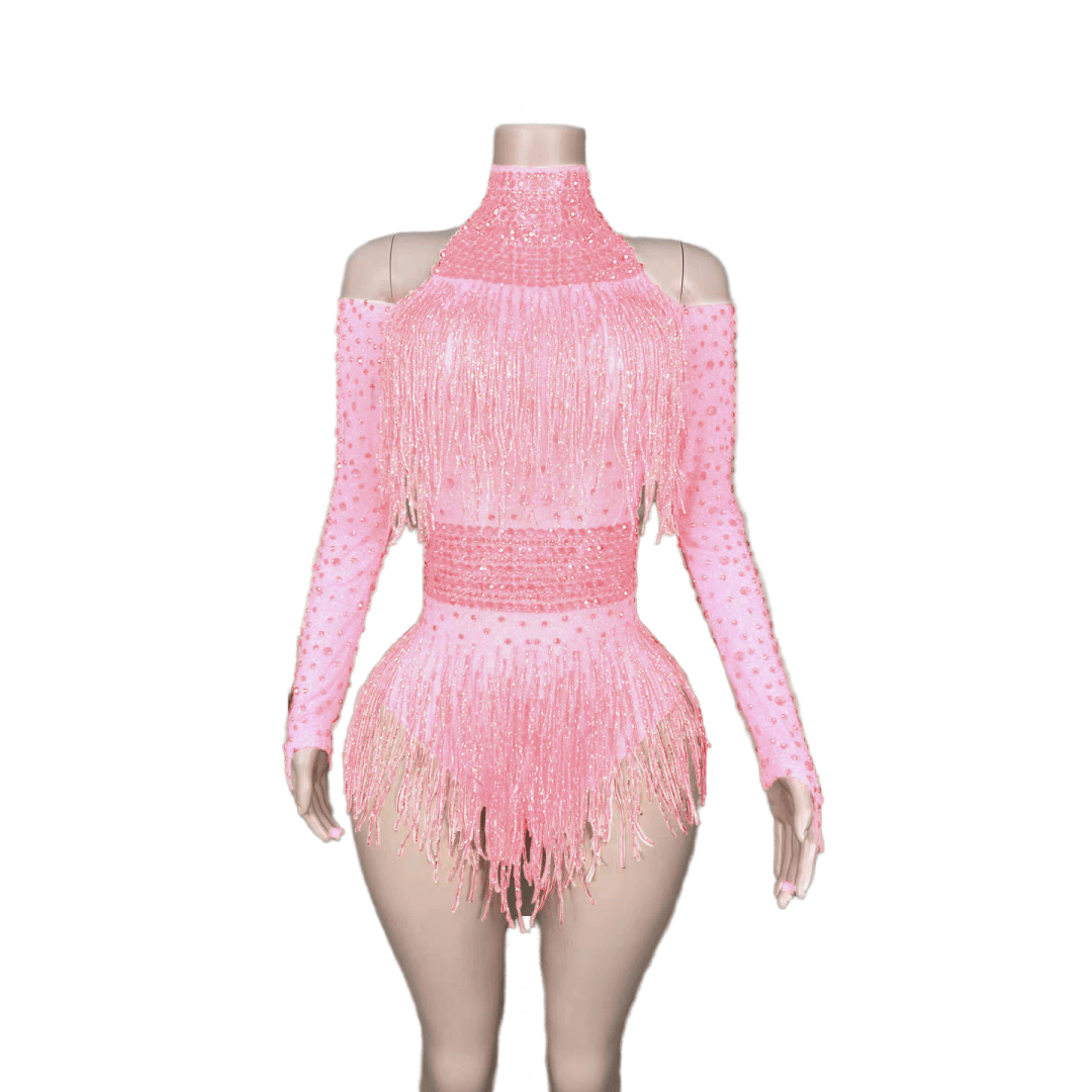 Red Fringe Bodysuit with Diamonds - Sparkling Performance Costume for Female Singers, Dance Teams, Nightclub Shows, and Stage Performances - Halloweez