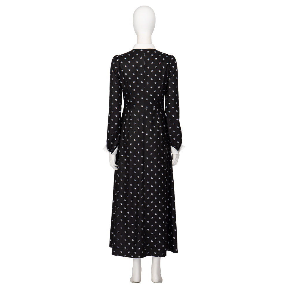 Halloweez Wednesday Addams Costume - Elegant Black Long Sleeve Dress with Unique Print