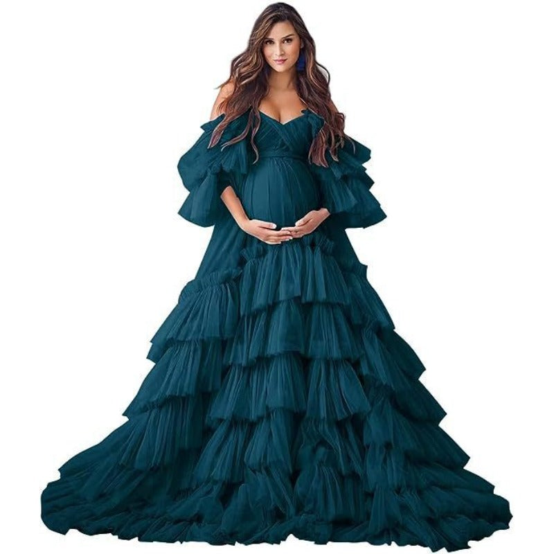 2025 Hot Sell Maternity Cosplay Costume Deep V See-through Mesh Dress with Puff Sleeves for Photo Shoot Party - Halloweez