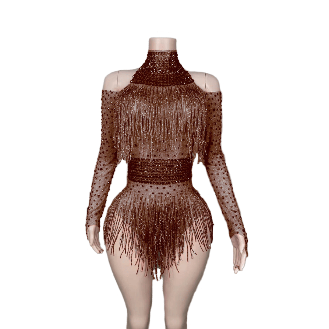 Red Fringe Bodysuit with Diamonds - Sparkling Performance Costume for Female Singers, Dance Teams, Nightclub Shows, and Stage Performances - Halloweez