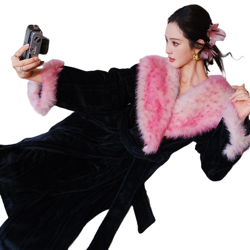 Leopard Print Contrast Color Flannel Robe Two-Piece Set: Cozy Winter Loungewear - Halloweez
