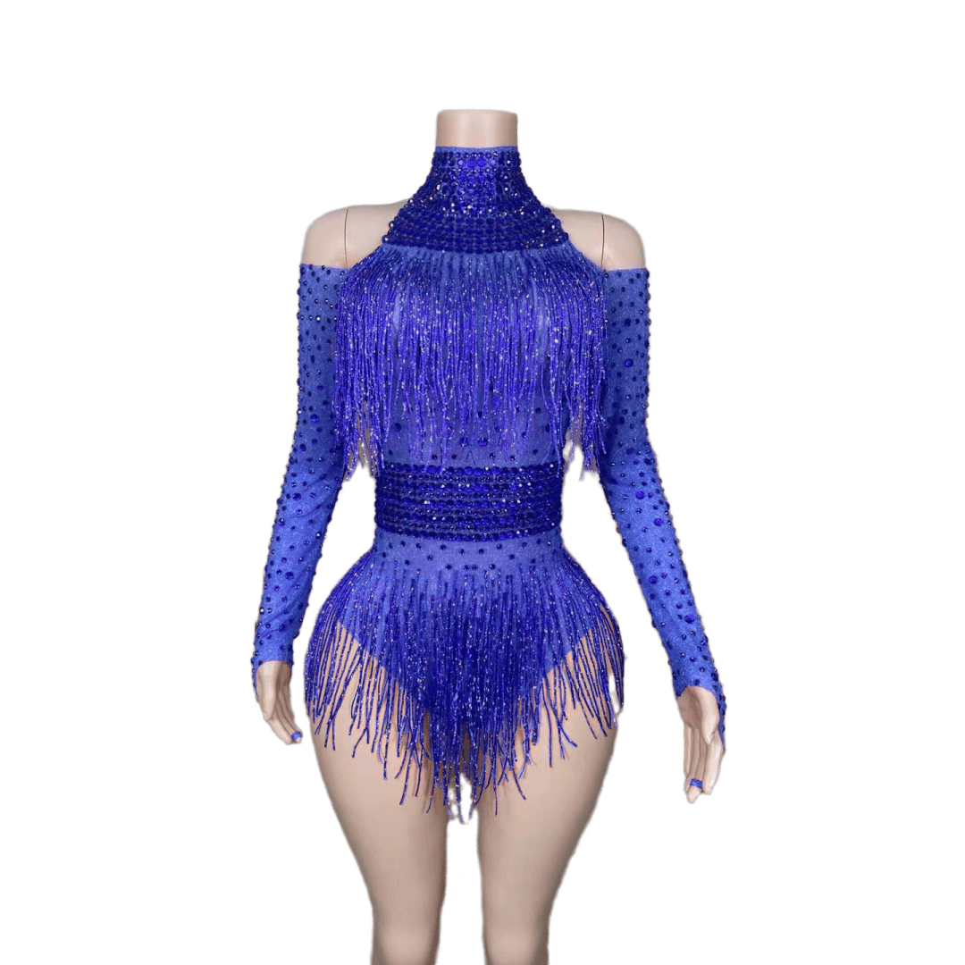 Red Fringe Bodysuit with Diamonds - Sparkling Performance Costume for Female Singers, Dance Teams, Nightclub Shows, and Stage Performances - Halloweez
