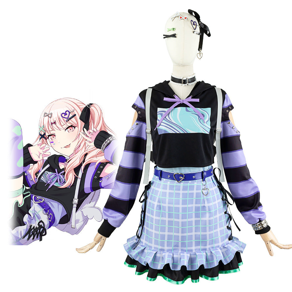 World Project Akayama Mizuki 2D Anime Costume Women's Hooded Sweatshirt Plaid Skirt Set - Halloweez