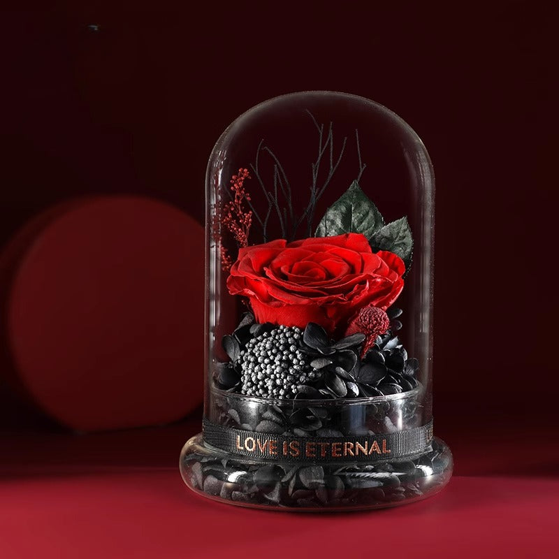 Dôme en verre avec roses préservées enchantées Eternal Love - Bouquet de roses bleues d'Halloween pour occasions spéciales