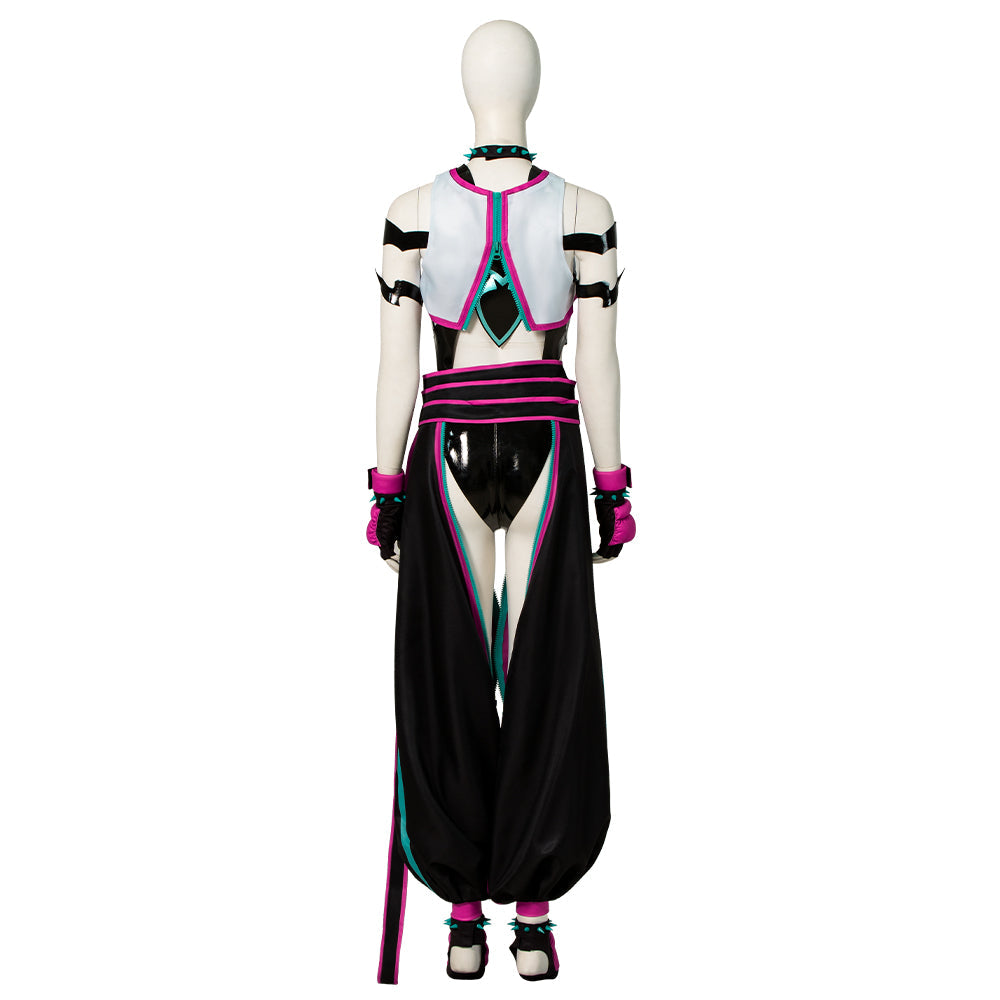 Halloweez Juri Cosplay Outfit - Hollow Bodysuit with Vest, Pants, and Gloves