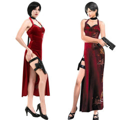 Ada Wong Sleeveless Qipao Resident Evil 4 Remake Cosplay Sexy High Slit Red Long Dress - Halloweez