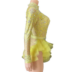 GC Singer Dance Rhinestone Stretchy Slimming Pink Mesh Bodysuit Stage Performance Costume Female Flash Diamond Girl Group - Halloweez