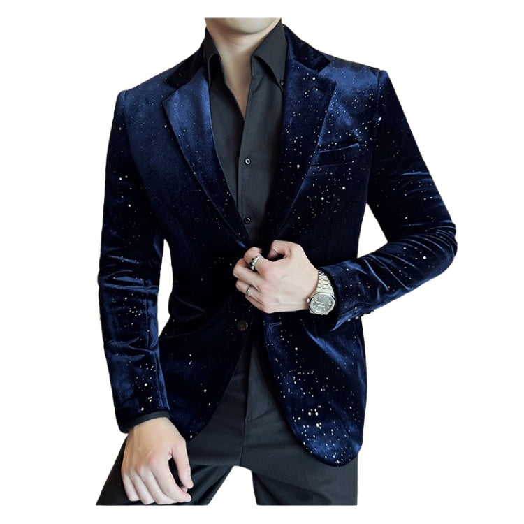 2025 New Fashion Glossy Velvet Gold Foil Print Men's Slim Fit Blazer Jacket - Trendy Cosplay Suit for Halloween Parties - Halloweez