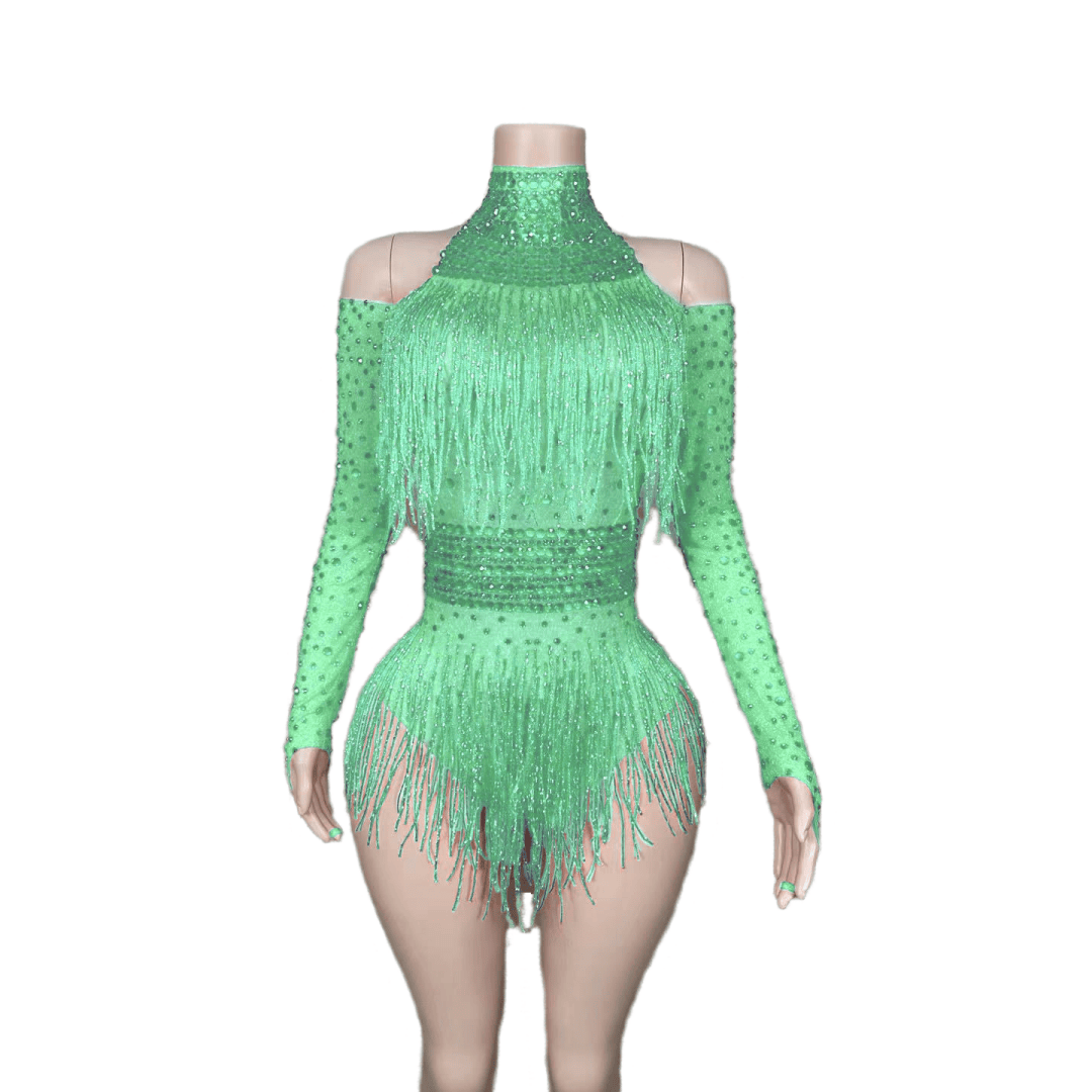 Red Fringe Bodysuit with Diamonds - Sparkling Performance Costume for Female Singers, Dance Teams, Nightclub Shows, and Stage Performances - Halloweez