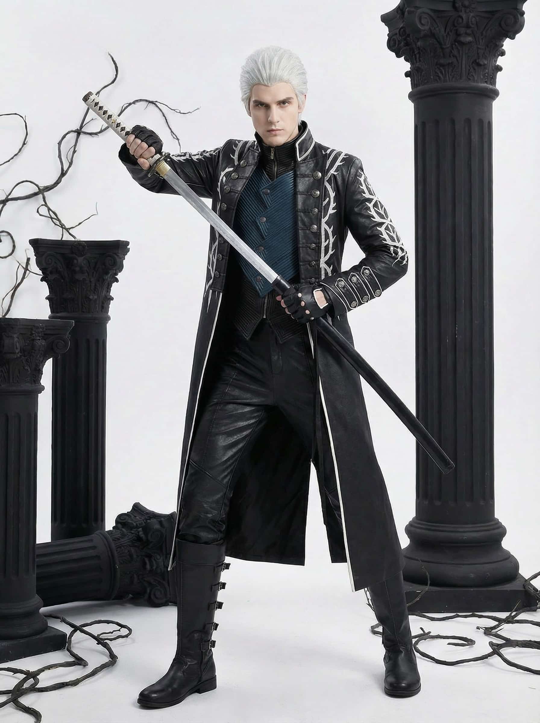 Devil May Cry 5 Vergil Cosplay Trench Coat, Men Full Set Halloween Cosplay Costume for Game Character Outfit - Halloweez