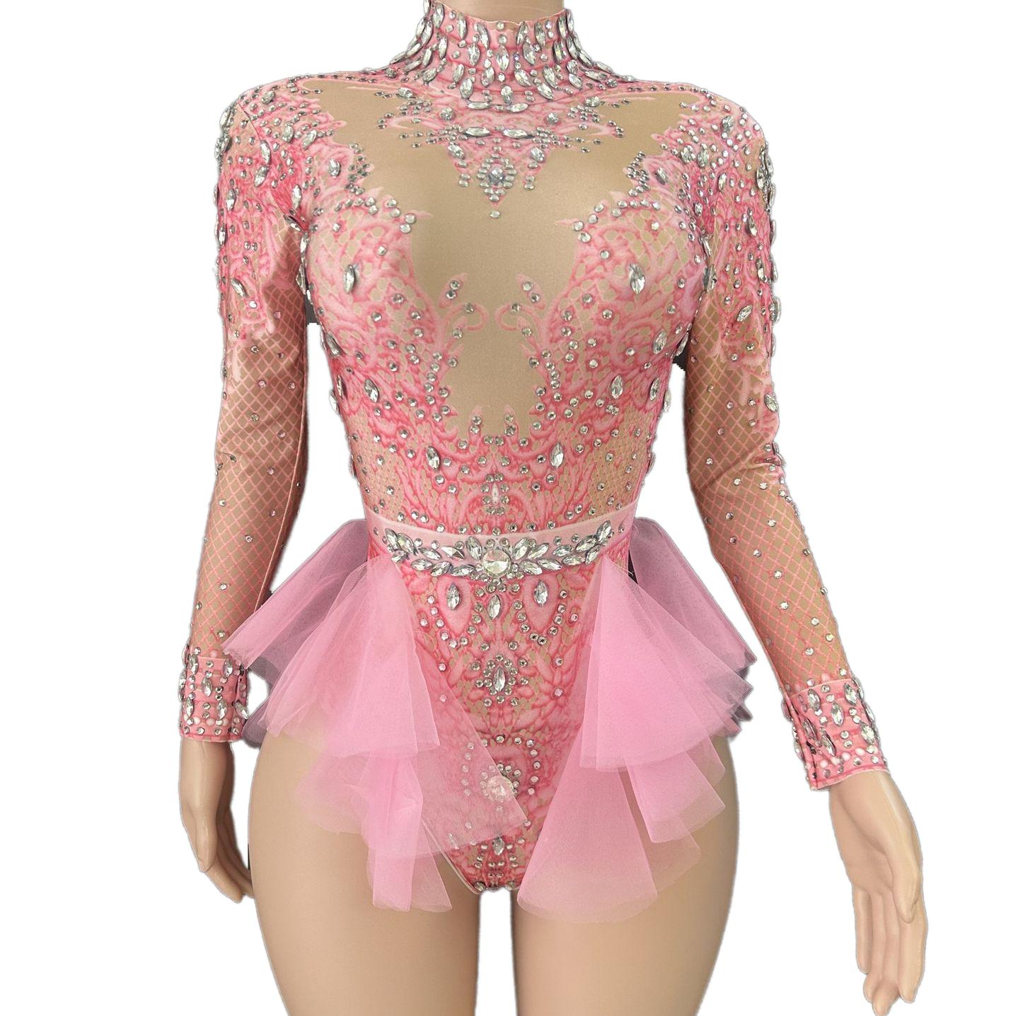 GC Singer Dance Rhinestone Stretchy Slimming Pink Mesh Bodysuit Stage Performance Costume Female Flash Diamond Girl Group - Halloweez