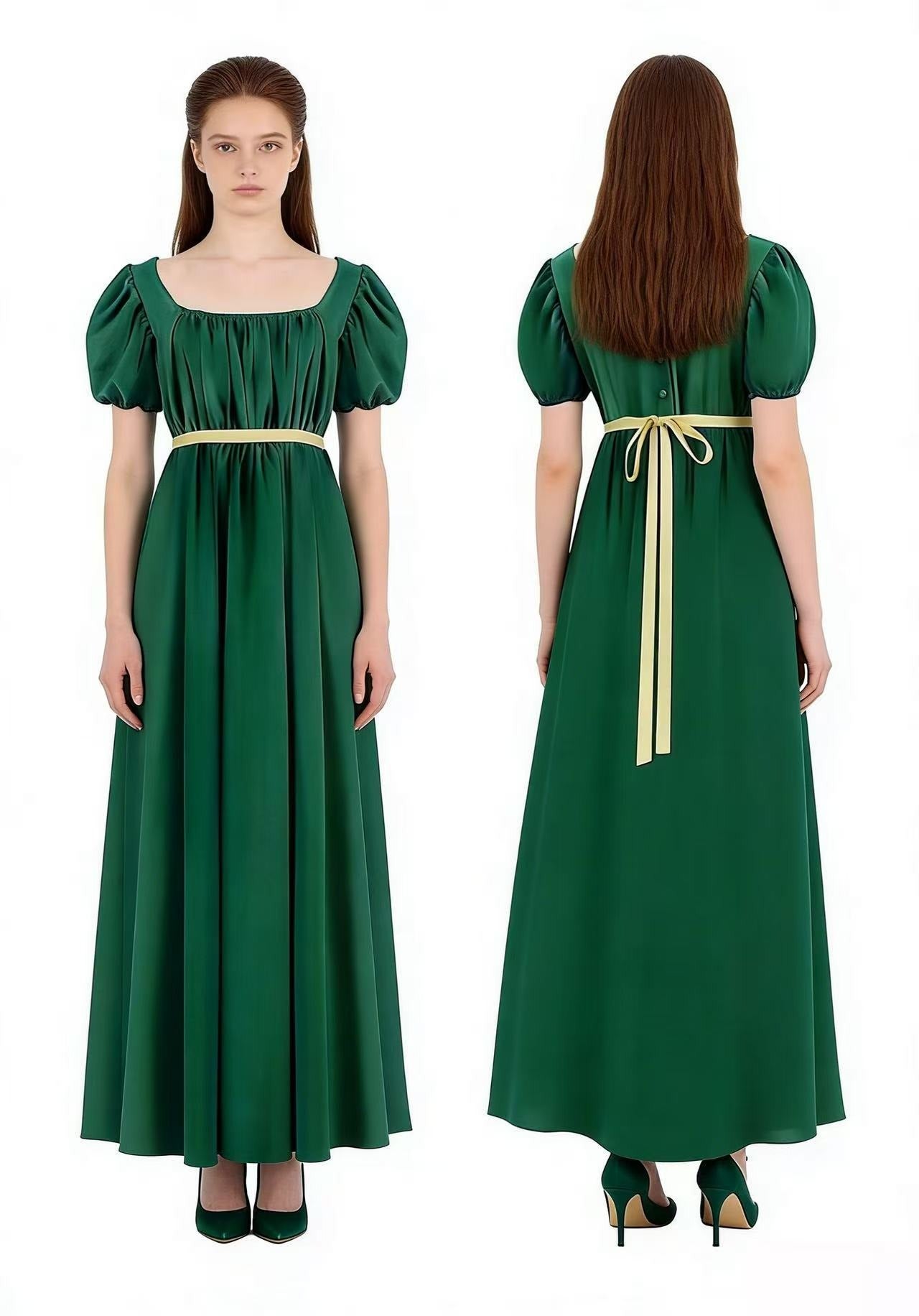 Bridgerton Inspired Women’s Regency Dress – Square Neck Empire Waist Maxi Gown with Puff Sleeves for Renaissance Fair, Tea Party & Historical Cosplay - Halloweez