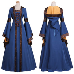 Elegante vestido medieval con capucha y mangas acampanadas, cintura alta, encaje y cosplay gótico para mujer