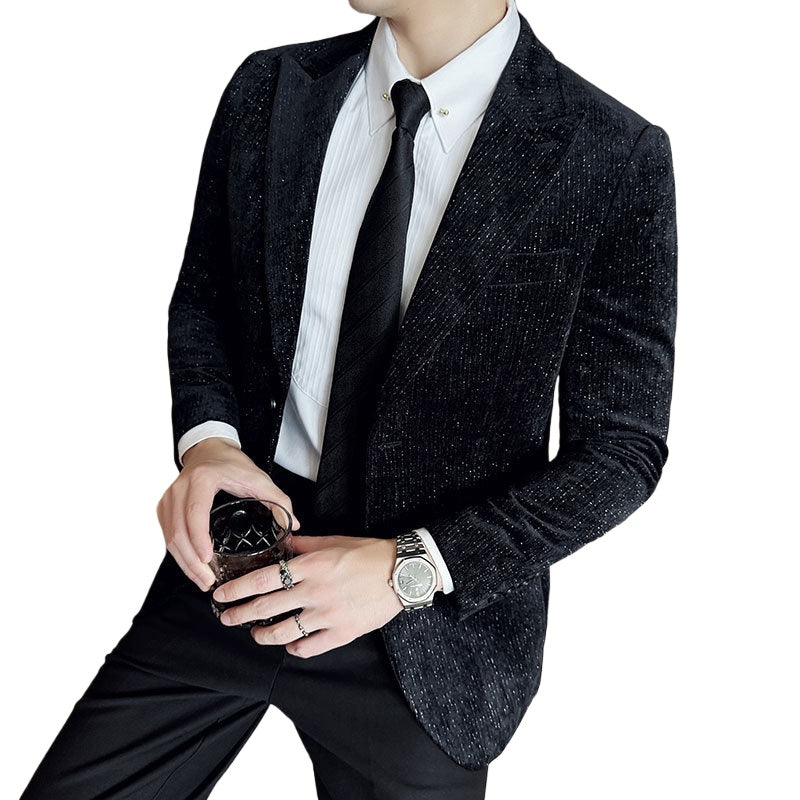 Men's Velvet Blazer with Shimmer Stripe - Elegant Cosplay Suit for Stage Performance, Halloween, and Parties - Halloweez