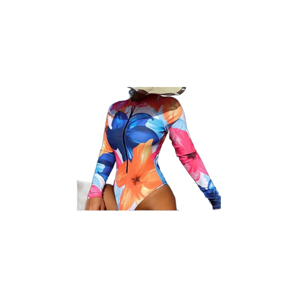Women's Long Sleeve One Piece Swimsuit with 3D Digital Print - Perfect for Beach and Pool - Halloweez