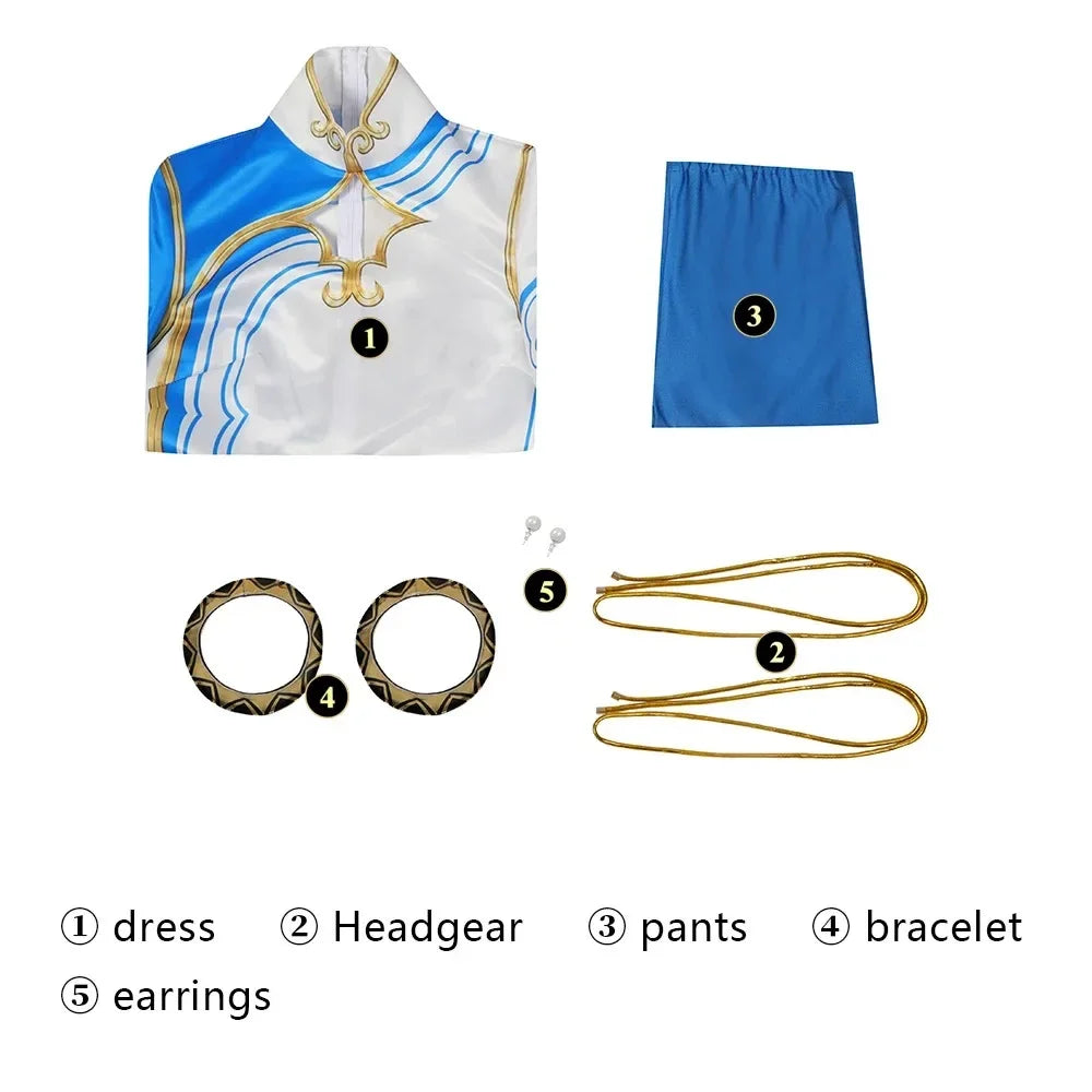 Halloweez Chun Li Cosplay Costume - Women's Blue Cheongsam Leggings Dress for Battle Suits and Festive Occasions - Halloweez
