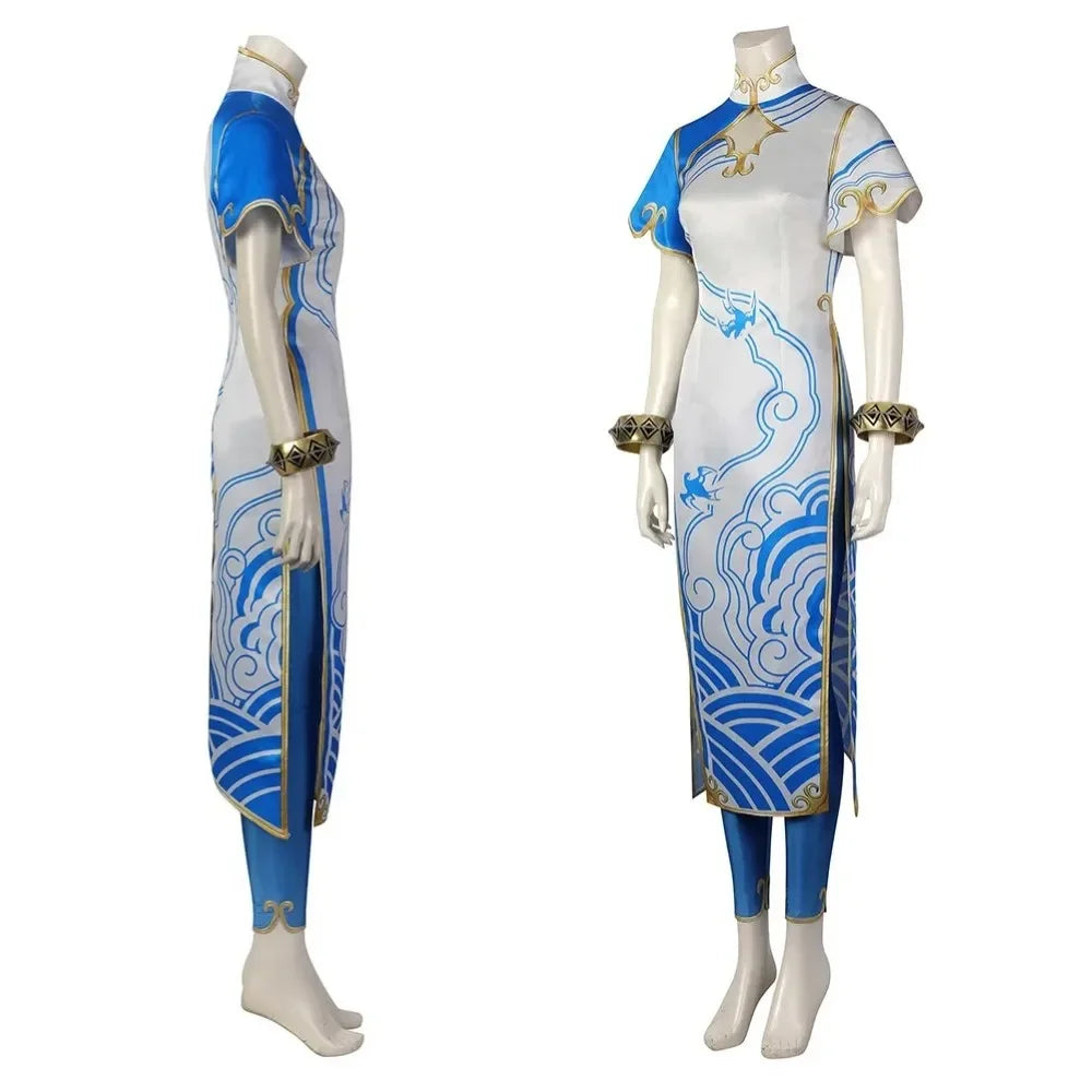 Halloweez Chun Li Cosplay Costume - Women's Blue Cheongsam Leggings Dress for Battle Suits and Festive Occasions - Halloweez
