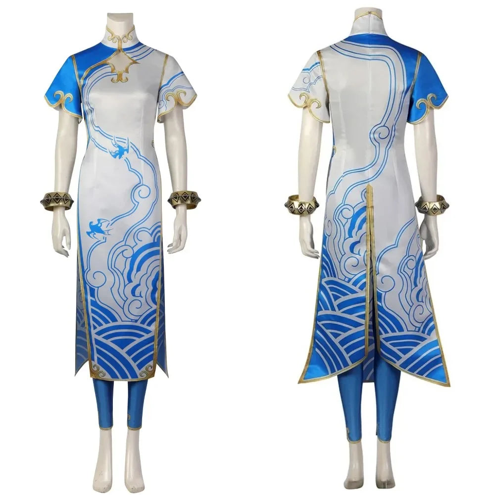 Halloweez Chun Li Cosplay Costume - Women's Blue Cheongsam Leggings Dress for Battle Suits and Festive Occasions - Halloweez
