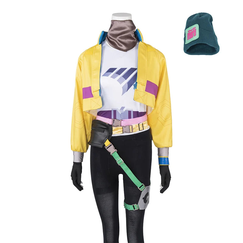 Costume de cosplay Killjoy d'Halloween - Manteau jaune avec sac, ceinture et chapeau pour Halloween et fête