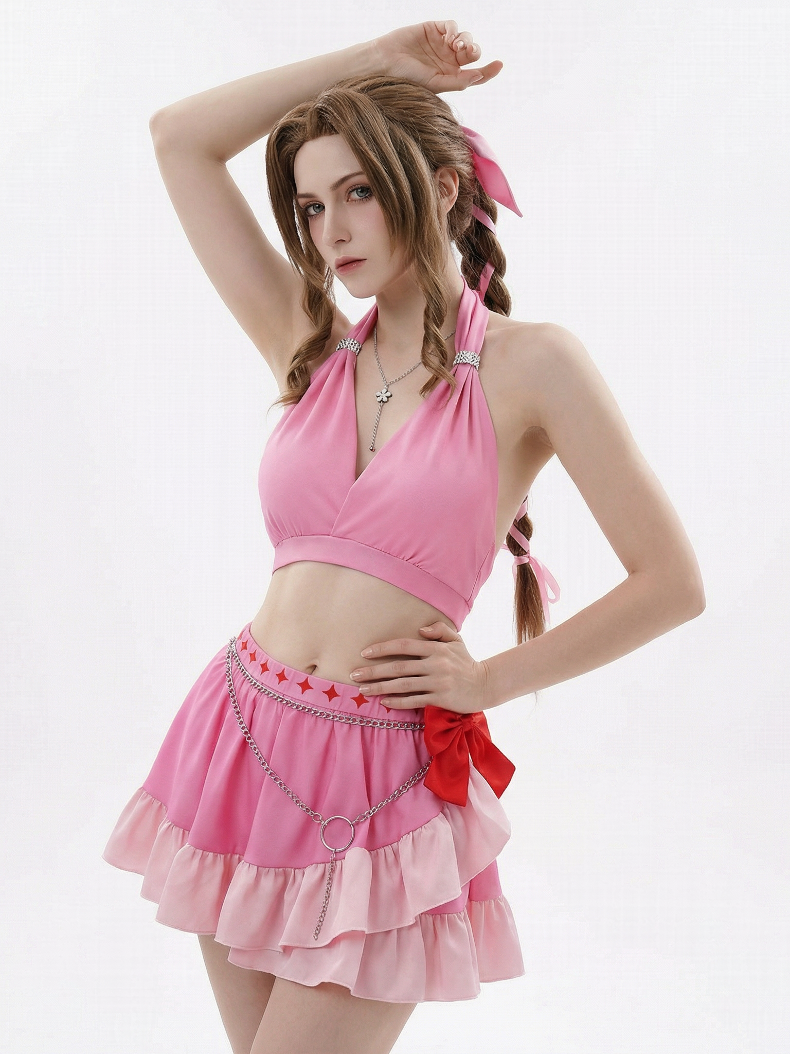 Halloweez Aerith Gainsborough Swimsuit - Final Fantasy VII Remake Pink Halter Cosplay Costume - Halloweez