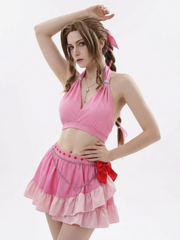 Halloweez Aerith Gainsborough Swimsuit - Final Fantasy VII Remake Pink Halter Cosplay Costume - Halloweez