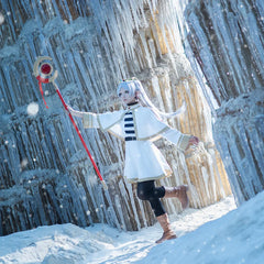 Halloweez Frieren Beyond Journey's End Cosplay Costume with Shawl, Cloak, and Wig - Grey Ponytail Rose Net