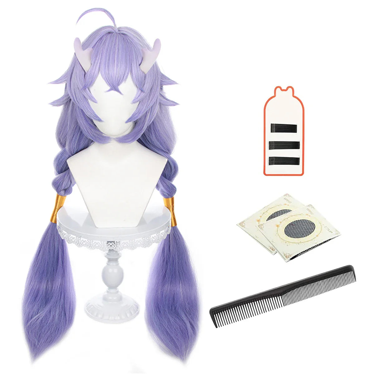 Halloweez Bailu Cosplay Wig Set - Honkai Star Rail Inspired with Horn Clip and Tail Fixer