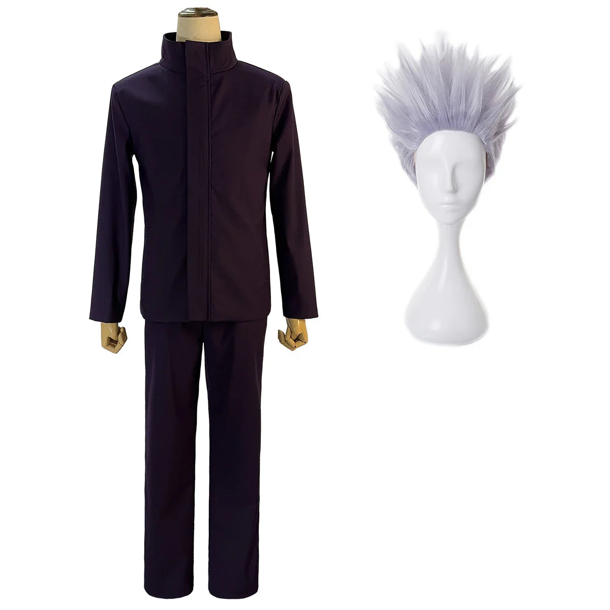 Halloweez Jujutsu Kaisen Satoru Gojo Cosplay Outfit with Black Uniform and Synthetic Wig