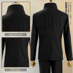 Halloweez Jujutsu Kaisen Satoru Gojo Cosplay Outfit with Black Uniform and Synthetic Wig