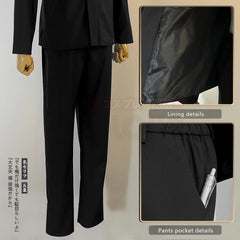 Halloweez Jujutsu Kaisen Satoru Gojo Cosplay Outfit with Black Uniform and Synthetic Wig