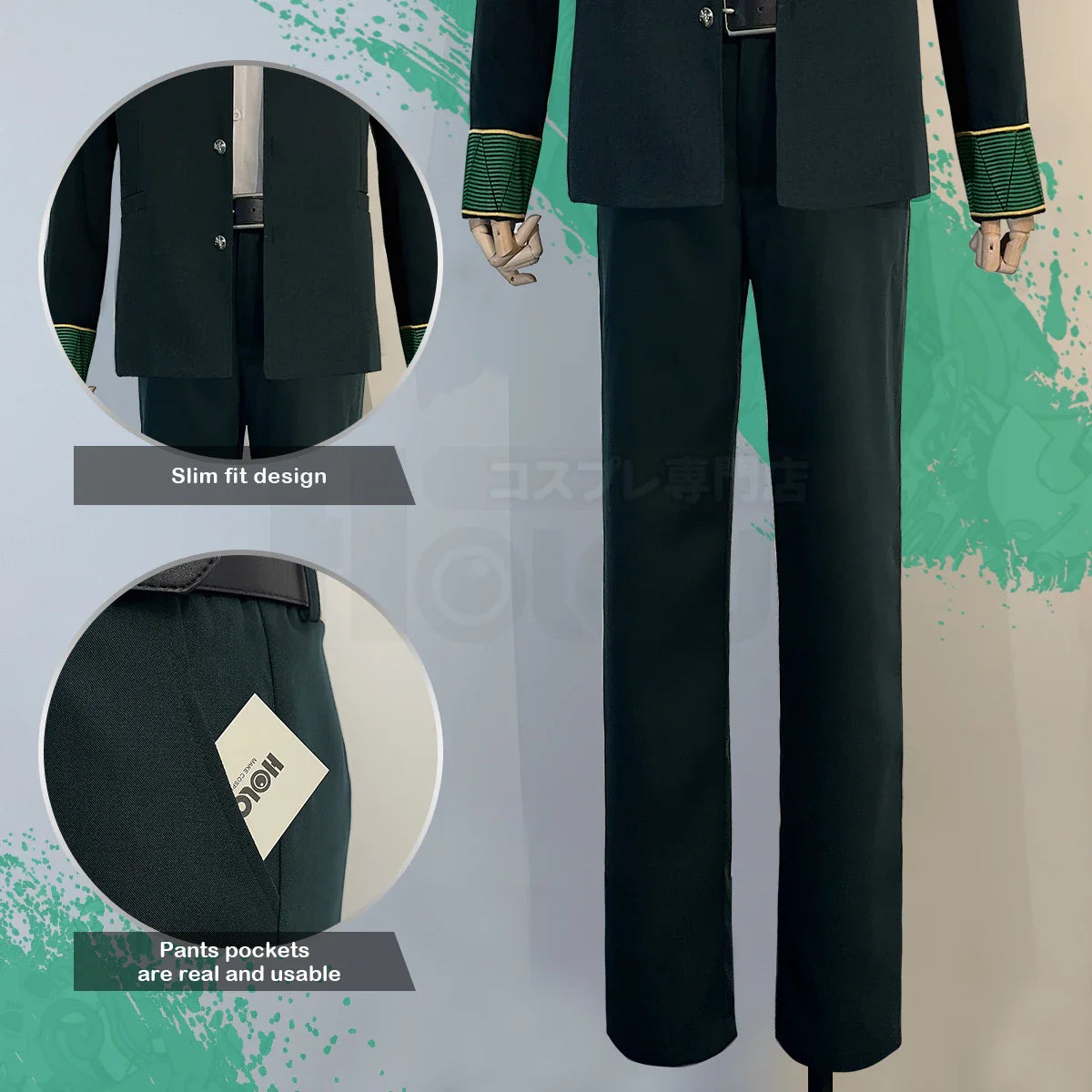 Halloweez Anime Cosplay: Akihiko Nirei School Uniform Set with Green Jacket and Accessories - Halloweez