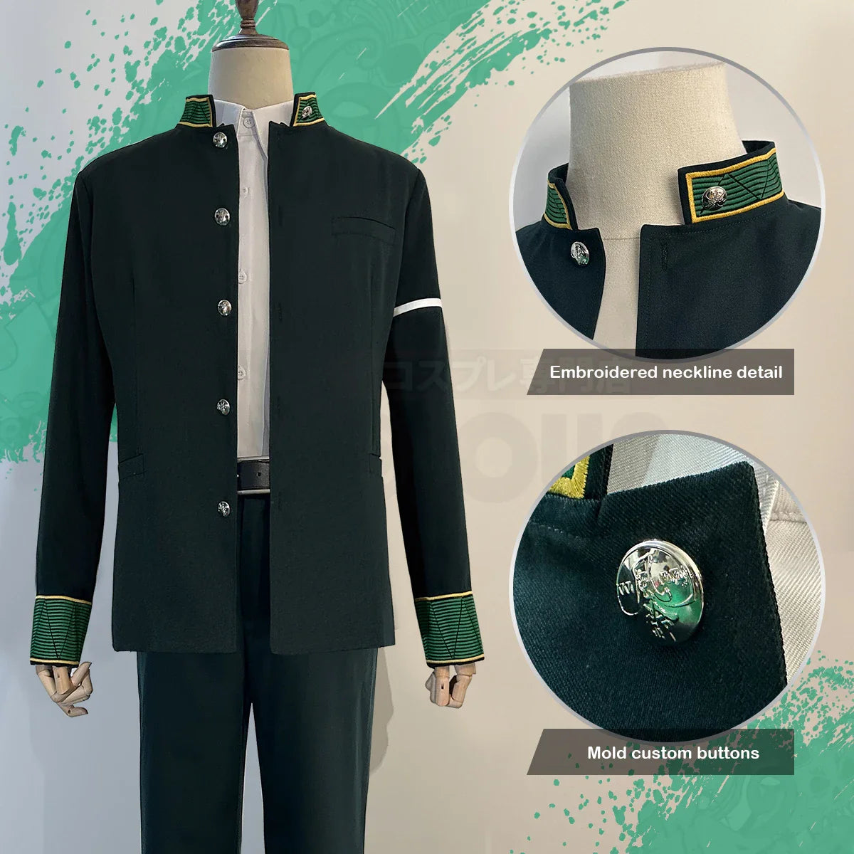 Halloweez Anime Cosplay: Akihiko Nirei School Uniform Set with Green Jacket and Accessories - Halloweez
