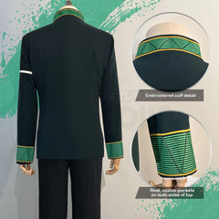 Stylish Anime Hayato Suo Cosplay Costume with Green Jacket, Black Pants, White Kung Fu Shirt, and Eyepatch by Halloweez - Halloweez