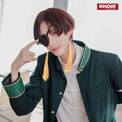 Stylish Anime Hayato Suo Cosplay Costume with Green Jacket, Black Pants, White Kung Fu Shirt, and Eyepatch by Halloweez - Halloweez