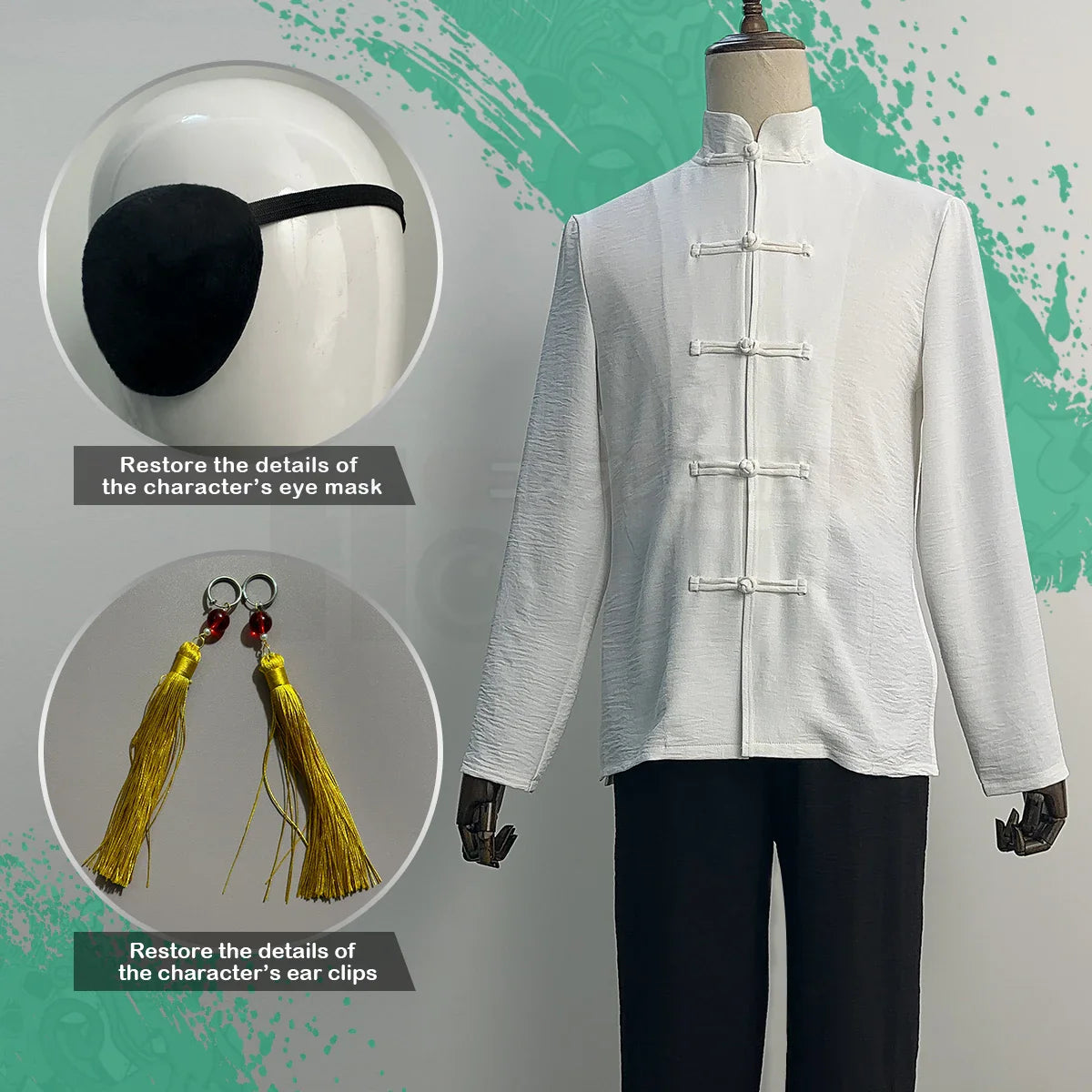 Stylish Anime Hayato Suo Cosplay Costume with Green Jacket, Black Pants, White Kung Fu Shirt, and Eyepatch by Halloweez - Halloweez