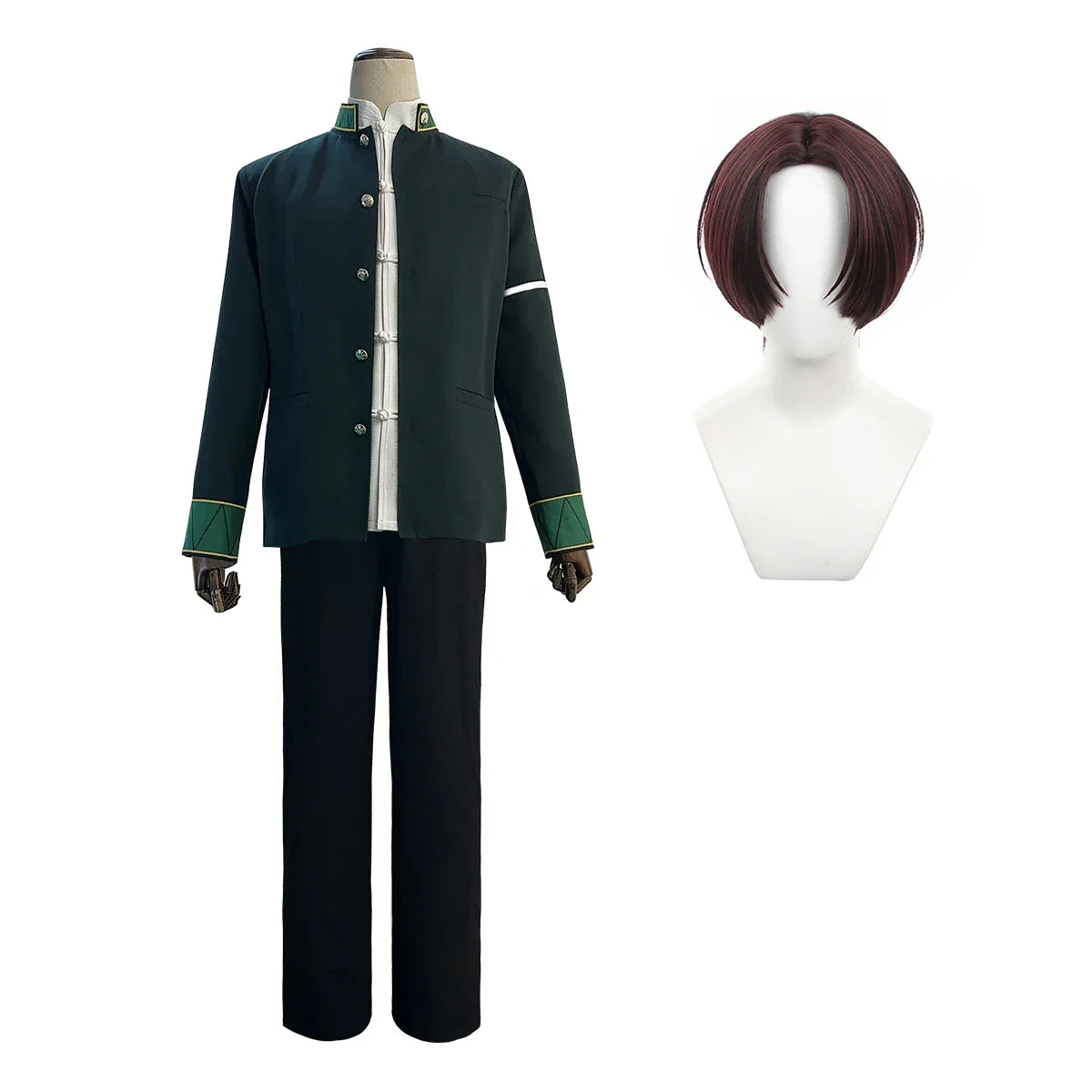 Stylish Anime Hayato Suo Cosplay Costume with Green Jacket, Black Pants, White Kung Fu Shirt, and Eyepatch by Halloweez - Halloweez