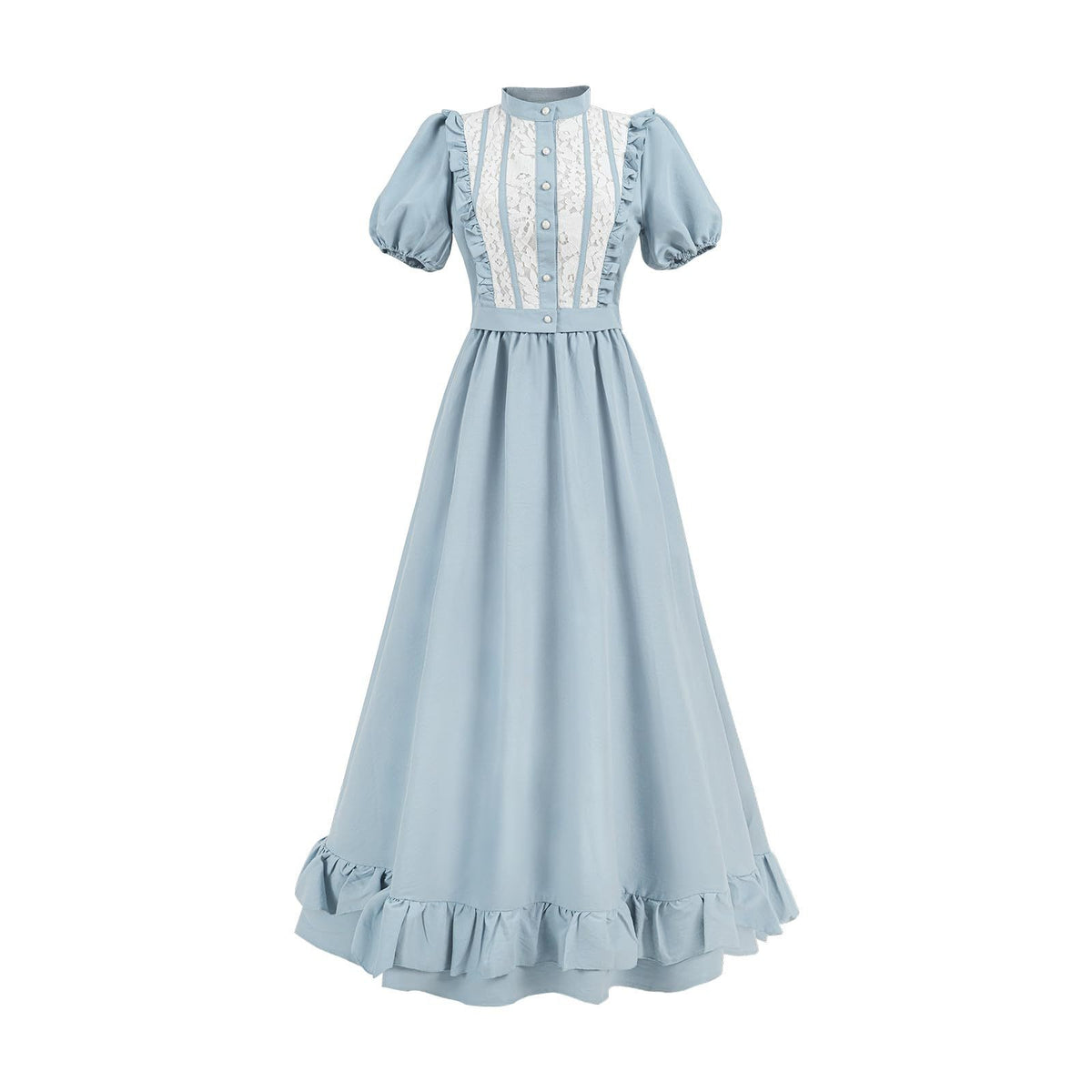 Women’s Light Blue Lace Vintage Midi Dress, Puff Sleeve Ruffle Hem Cottagecore Outfit - Halloweez