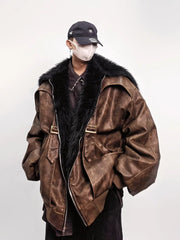 Men Vintage Faux Leather Parka Loose Fur‑Trim Winter Warm Coat Jacket