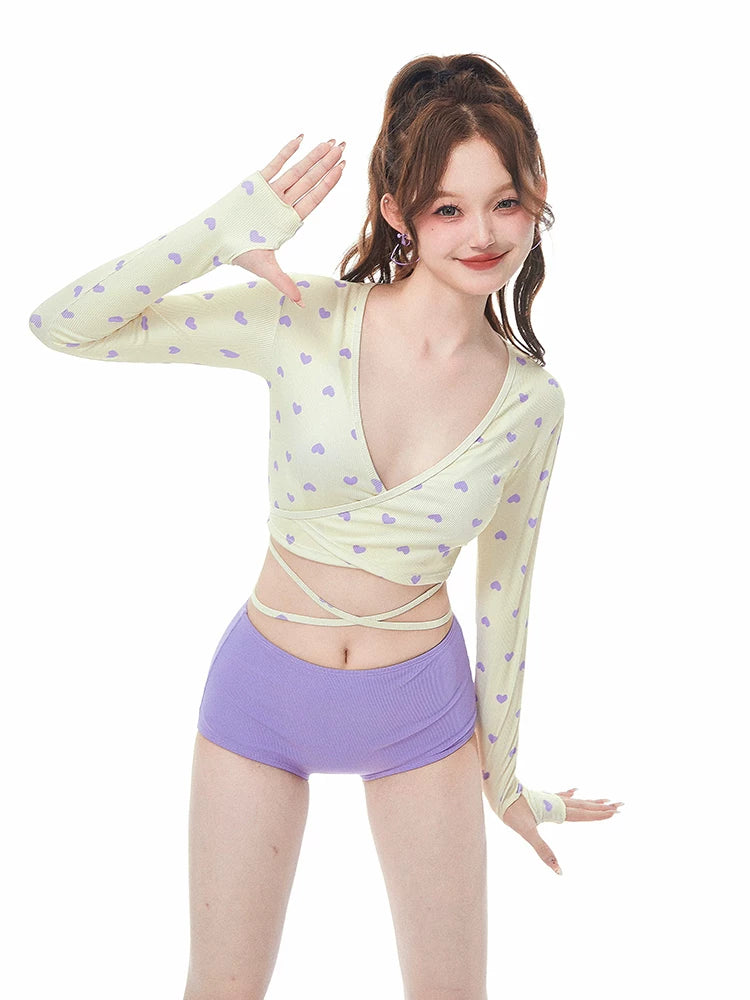 Stylish Purple 3 Piece Tankini Long Sleeve Tie Band Swimwear for Women - Halloweez