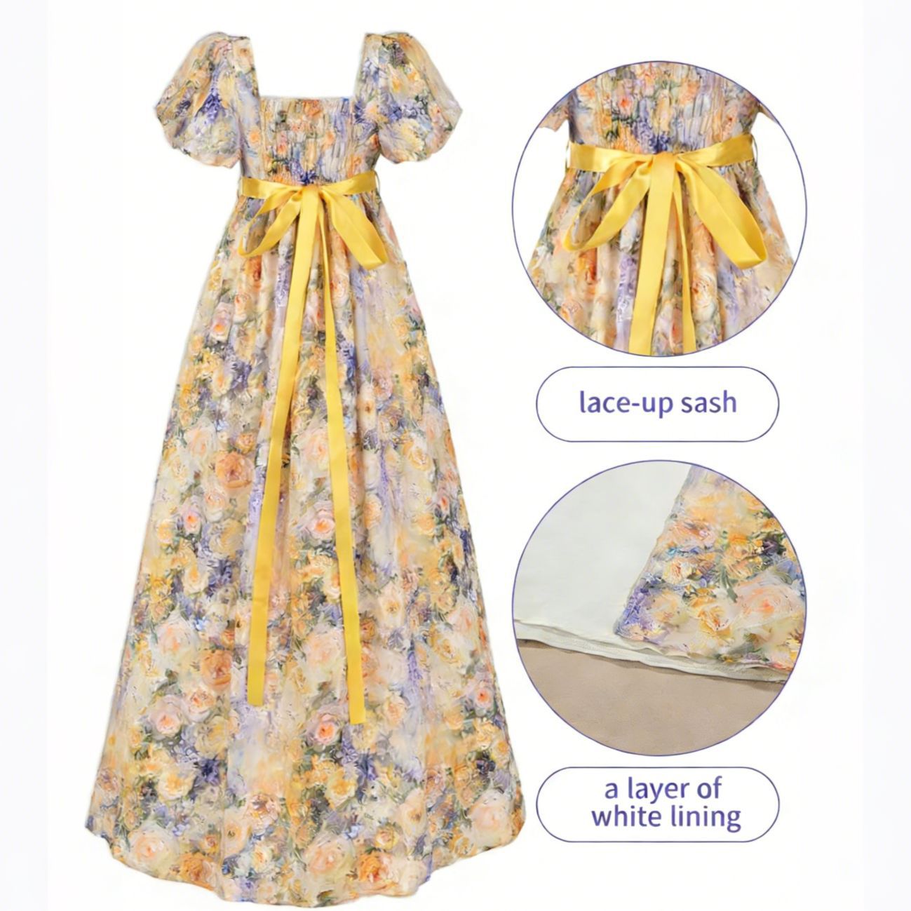 Women’s Bridgerton Style Regency Dress | Floral Maxi Gown with Puff Sleeves & Oil Painting Print - Halloweez