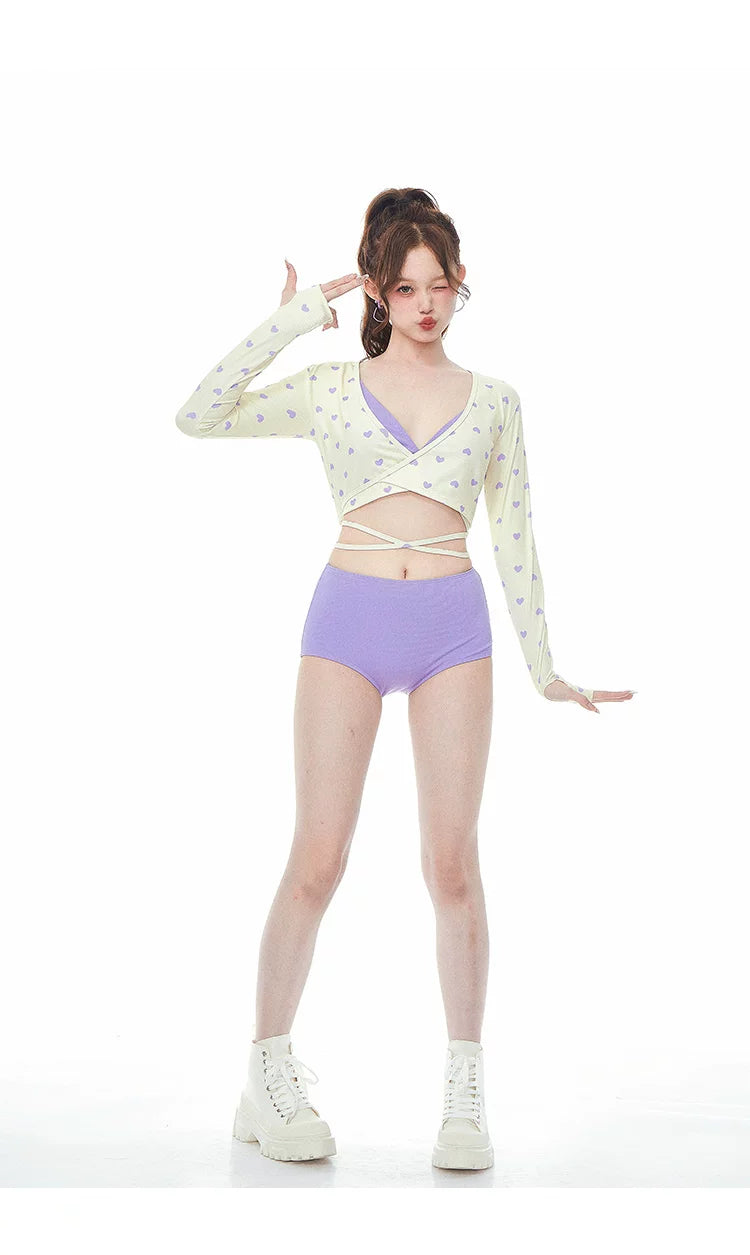 Stylish Purple 3 Piece Tankini Long Sleeve Tie Band Swimwear for Women - Halloweez