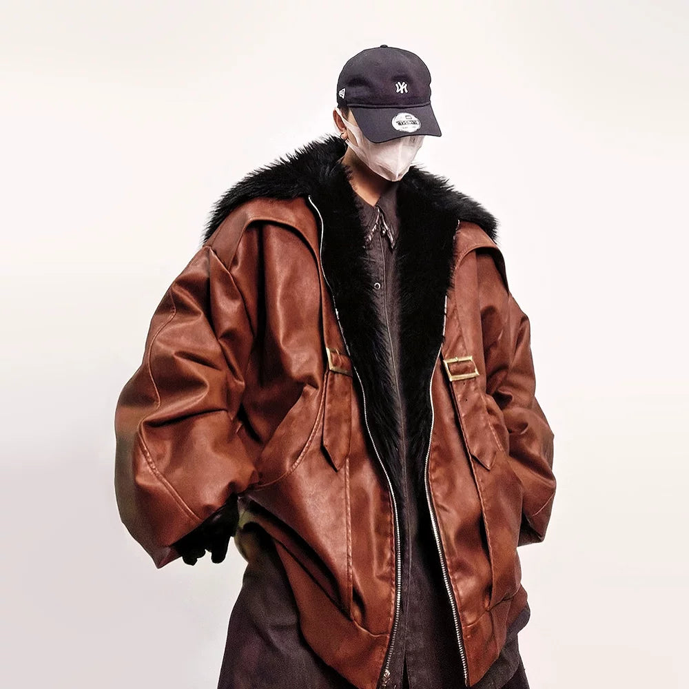 Men Vintage Faux Leather Parka Loose Fur‑Trim Winter Warm Coat Jacket