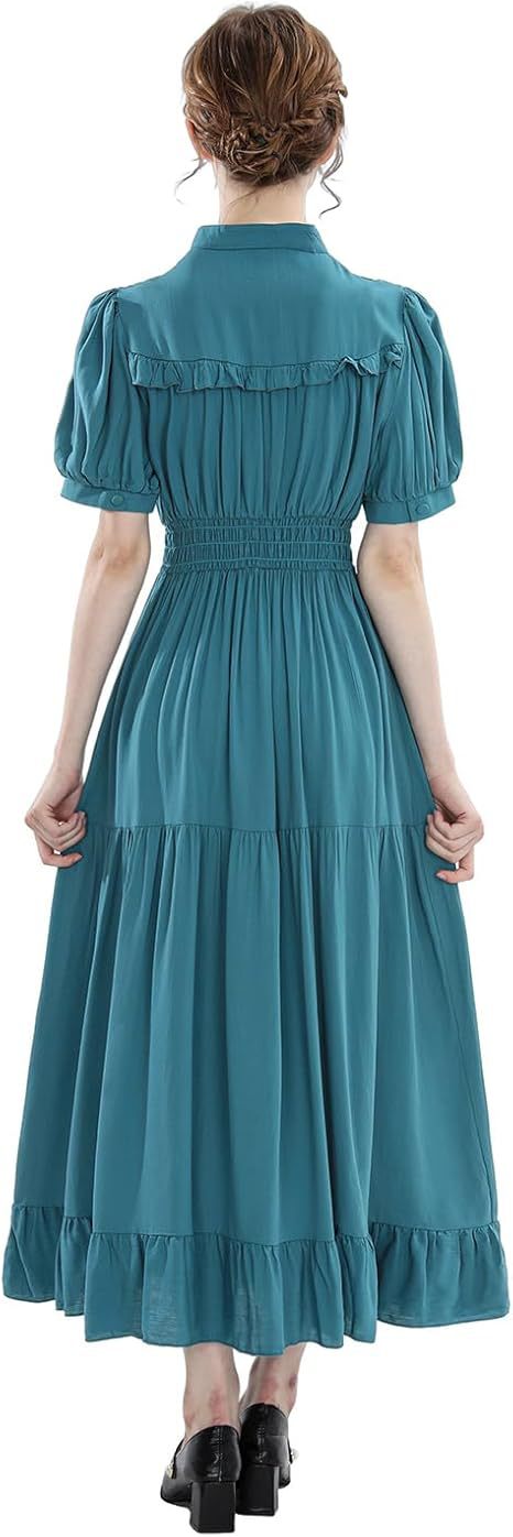 Women’s Black Ruffled Midi Dress – Vintage High Neck Smocked Waist Tiered Gothic & Maid Cosplay Costume - Halloweez