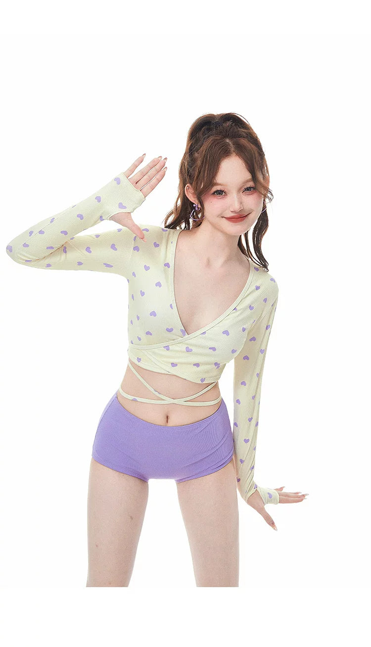 Stylish Purple 3 Piece Tankini Long Sleeve Tie Band Swimwear for Women - Halloweez