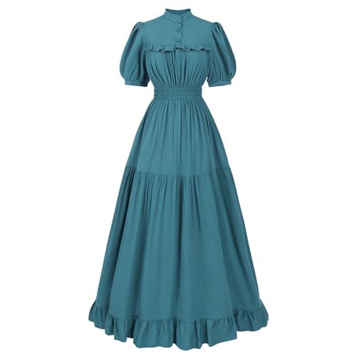 Women’s Black Ruffled Midi Dress – Vintage High Neck Smocked Waist Tiered Gothic & Maid Cosplay Costume - Halloweez