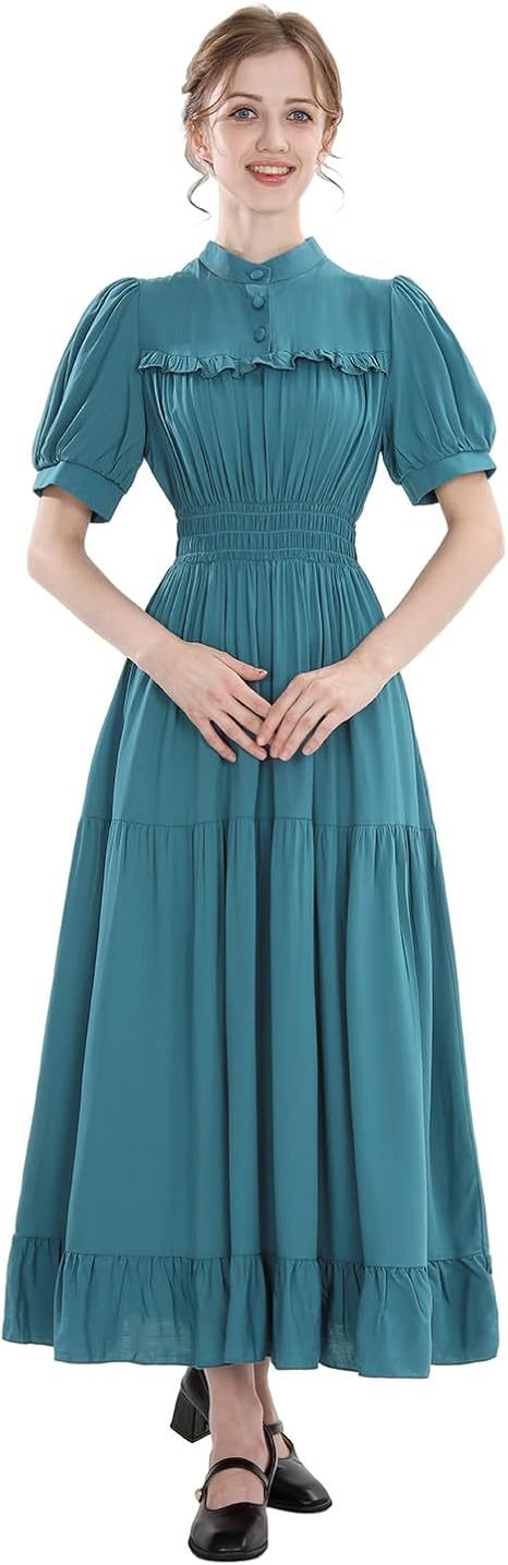 Women’s Black Ruffled Midi Dress – Vintage High Neck Smocked Waist Tiered Gothic & Maid Cosplay Costume - Halloweez