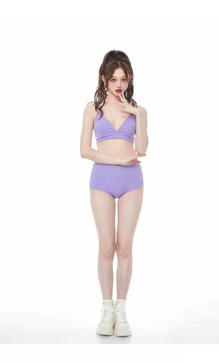 Stylish Purple 3 Piece Tankini Long Sleeve Tie Band Swimwear for Women - Halloweez