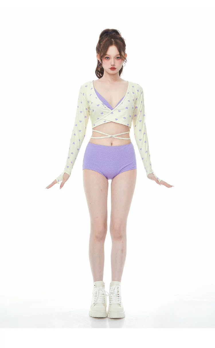 Stylish Purple 3 Piece Tankini Long Sleeve Tie Band Swimwear for Women - Halloweez