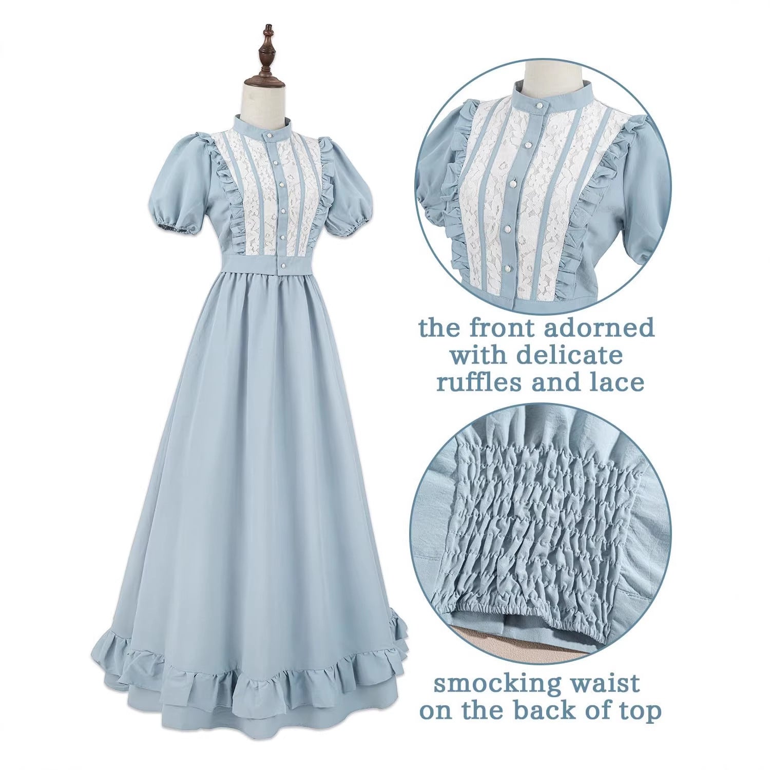Women’s Light Blue Lace Vintage Midi Dress, Puff Sleeve Ruffle Hem Cottagecore Outfit - Halloweez