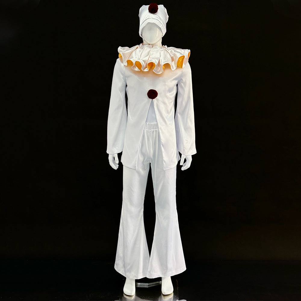 The Freak Circus Old Design White Pierrot Harlequin Halloween Clown Cosplay Costume - Halloweez